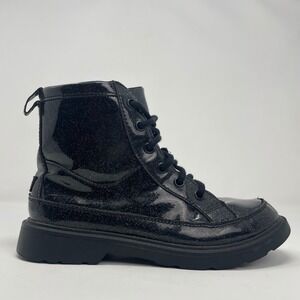 UGG Robley Glitter Boot Black Lace Up Zip Winter Kids 4 Youth Patent Leather‎